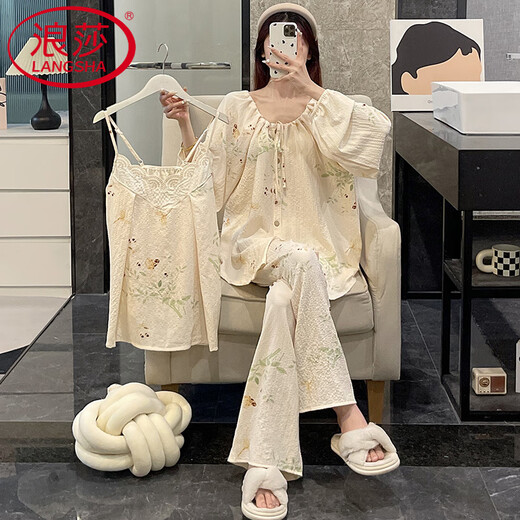 
LangSha suspender pajamas women's spring and autumn nightgown three-piece suit long-sleeved sexy cotton sweet bathrobe summer home clothes LE-9928 M
