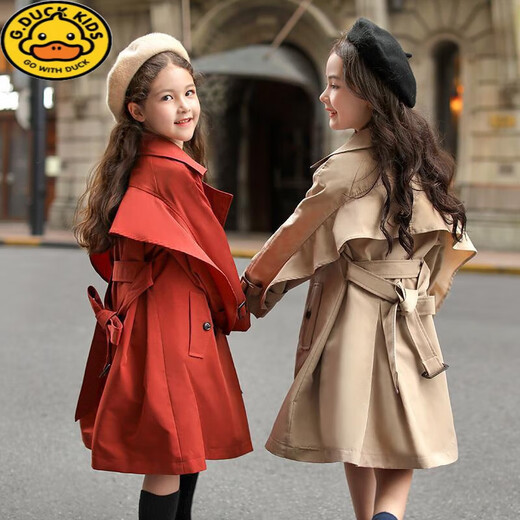 
G.DUCKKIDS children's clothing girls' coat spring and autumn new Hepburn style medium-large children's windbreaker fashionable girls' double-breasted coat long khaki 160 recommended height 150-155cm 12-13