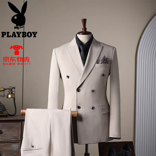 Playboy 2025 Sommeranzug Herrengeschäft formeller Anzug Doppelbruster Anzug Italienischer High-End-Aprikose Bräutigam Hochzeitskleider Sahne Aprikose Drei-teilige Sets 46