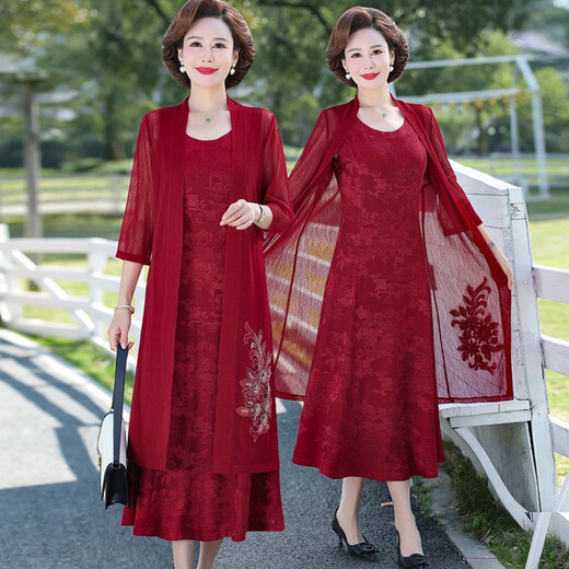 酷章（KUZHANG）喜婆婆婚宴套装妈妈春夏秋连衣裙高贵旗袍裙子新款结婚礼服两件套 9272枣红 两件套连衣裙 M 80-95斤