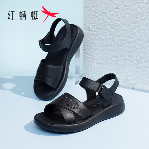 红蜻蜓妈妈凉鞋2025夏季老年牛皮舒适防滑软底女凉鞋WJK25885 黑色 36