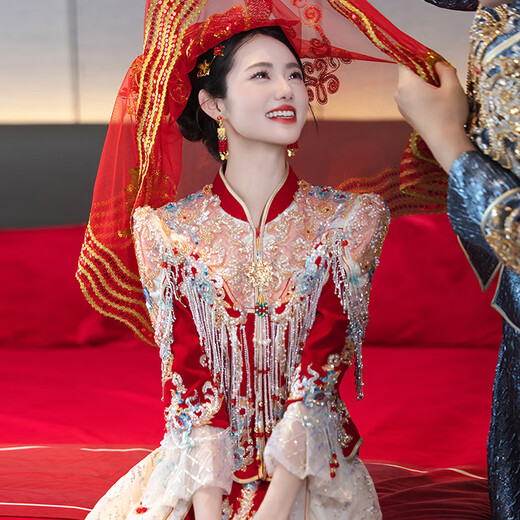 枝己秀禾服婚纱新娘主纱高档2025新款订婚服装新中式结婚礼服敬酒服 LZ541 2XL