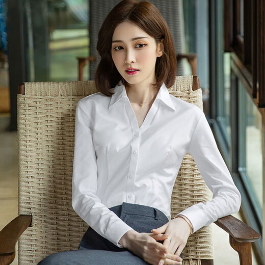 Traje profesional Camisa azul de manga larga Las mujeres de manga larga de manga larga 2025 ropa formal de primavera y verano ropa de trabajo de trabajo de trabajo de negocios 6212-1 White V-Eck L recomendado 100-110Jin [Jin equivale a 0.5 kg]