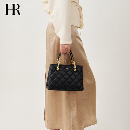 
HR Helena Bag Women's Bag Simple Fashionable Handbag Women's Head-Layer Cowhide Diamond Single-Shoulder Crossbody Bag Chinese Valentine's Gift Black + Gift Box Packaging