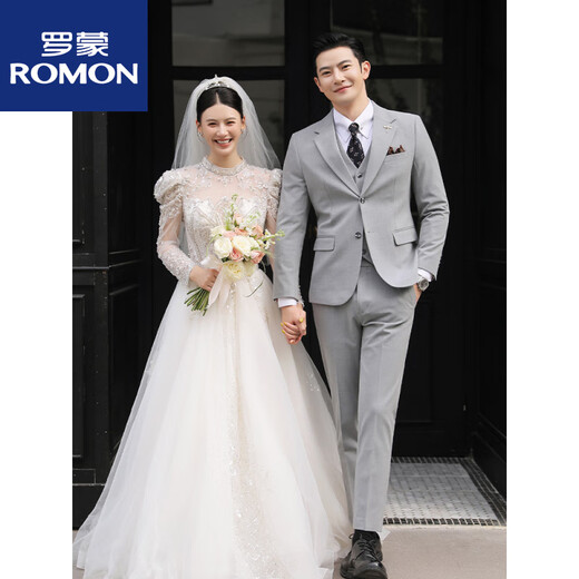 ROMON Groom Wedding Suit Men's Suit Men's Three-piece Slim Business Casual Formal Groomsman Dress New Product Black Three-piece Top + Pants + Vest + Shirt XL 52120-135Jin Jin equals 0.5 kg Wear