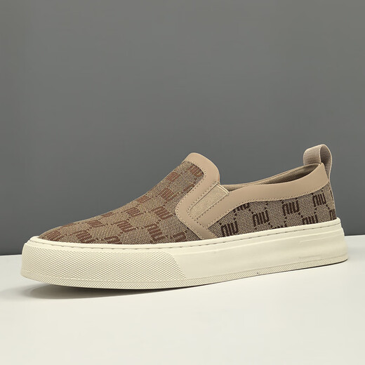 KLWP高端奢侈男鞋透气牛仔布乐福鞋百搭小众帆布鞋免系带一脚蹬懒人鞋 卡其色 38