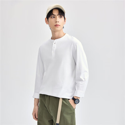 Giordano Henry shirt men's autumn and winter new pure cotton solid color bottoming shirt Henry collar long-sleeved T-shirt men 13025615 01 logo white L