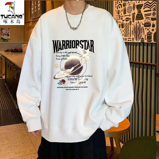 Woodpecker sweatshirt men's autumn and winter loose casual bottoming shirt T-shirt youth trendy brand sports large size long-sleeved T-shirt clothing Carp and Moon Black XL