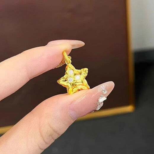 CAOX pure gold 999 five-pointed star necklace for women ancient hammer pattern meteorite star pendant gold national trend clavicle chain gift hammer pattern star pendant light style
