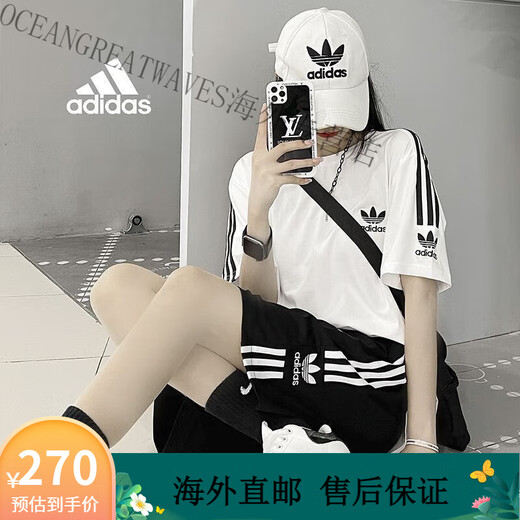 阿迪达斯（adidas）三叶草运动套装男女夏季新款宽松情侣棉短袖短裤一套女 9889黑色 M  80-100斤