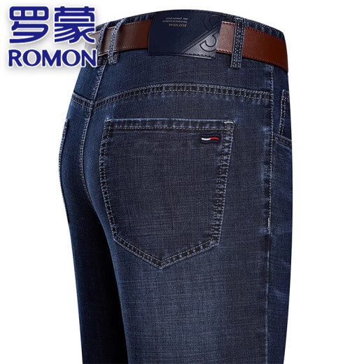 
ROMON genuine men's straight jeans men's spring and autumn trousers business casual pants high elastic straight wash pants deep blue 3882 style thin 35