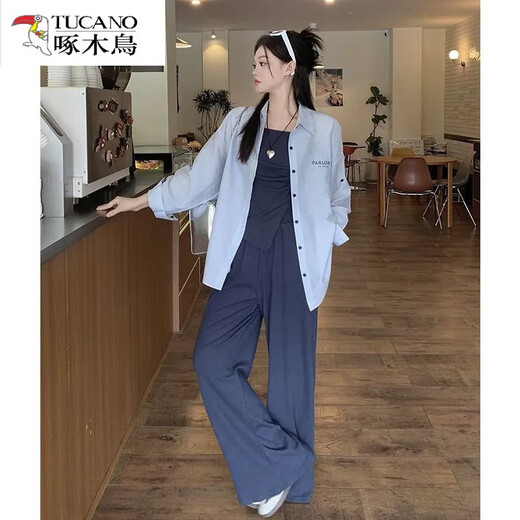 Pájaro carpintero (tucano) Nuevo tamaño de verano de moda y temperamento versátil Protección solar de la camisa suelta que abraza la cintura y los pantalones rectos de las patas anchas y el conjunto de tres piezas L recomendado 100-120 Jin [Jin equivale a 0.5 kg]