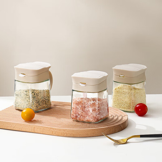 Baijie seasoning box set glass seasoning jar salt jar kitchen seasoning storage box sealed jar with spoon seasoning box large diameter 300ml three packs