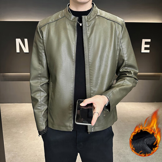 High-end stand-up collar leather jacket for men in autumn and winter new fashion casual black leather jacket velvet thickened versatile jacket military green thickened 3XL