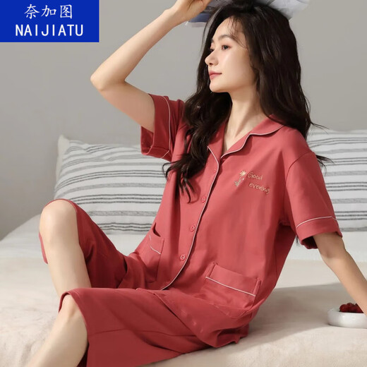奈加图纯棉睡衣女士夏季短袖七分裤中青年款大码开衫套装常规款家居服 n9893七分裤开衫 M (80-100斤)