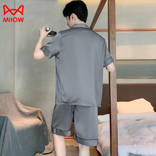 
Catman MiiOW men's pajamas summer solid color ice silk short-sleeved pants 2025 new style young boys summer thin home clothing set G723 2XL (suggested height 180-weight 150-