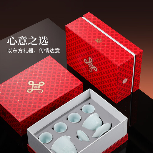 Jingdezhen ceramic Yingqing tea set high-end gift Chinese Kung Fu white porcelain tea bowl complete set gift for elders high-end tea gift Yuanshan tea set-Yingqing 8 pieces