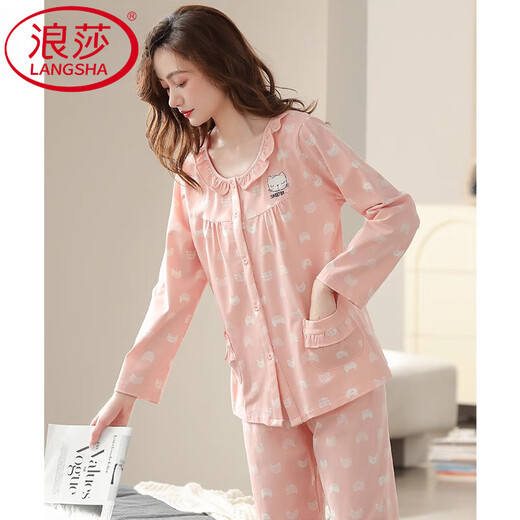 LangSha pajamas women's spring and autumn autumn pure cotton long sleeve cotton autumn and winter thin home clothing middle-aged large size mother suit C9215 lilac brown L (recommended 110-120 Jin [Jin equals 0.5 kg])