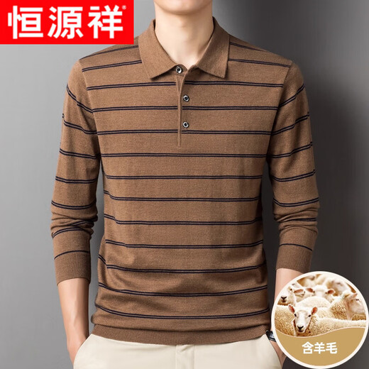Hengyuanxiang wool-containing long-sleeved T-shirt for men's spring and autumn new striped knitted base shirt middle-aged daddy suit men's top HXS-5012 dark green M 165