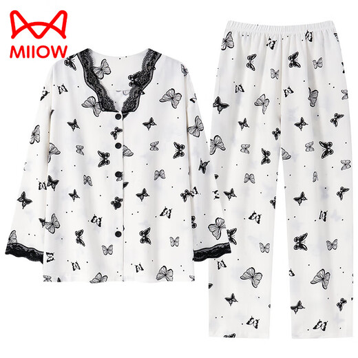 猫人（MiiOW）睡衣女云朵棉开衫长袖可外穿宽松秋季家居服两件套装春秋2025新款 MR-14701-YSH M 适合80-100斤穿