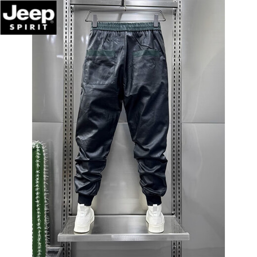 
JEEP SPIRIT men's new leather pants plus velvet thickened motorcycle winter black slim fit ties warm takeaway riding pants men's 895 4XL [Suggested 170-190Jin [Jin equals 0.5 kg]]