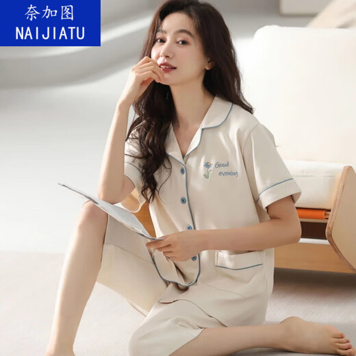 奈加图纯棉睡衣女士夏季短袖七分裤中青年款大码开衫套装常规款家居服 n9898七分裤开衫 3XL (160-180斤)