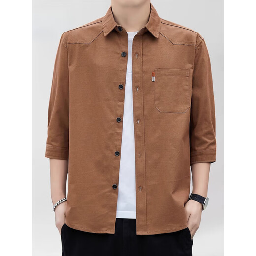 Kooshi Luxus reines Baumwoll-Kurzärmel-Hemd Herren Sommer 500-7-viertel-Ärmel Arbeit Top Casual halbärmelige Hemdjacke Herren Q6626 Khaki M [90-110jin [Jin gleich 0,5 kg]]]