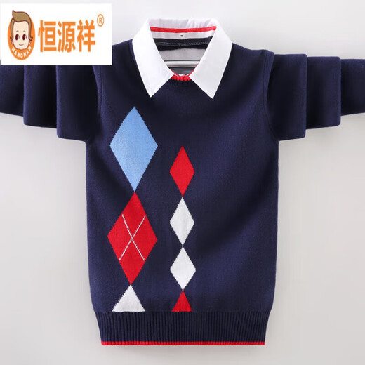 Hengyuanxiang Boy Sweater Camilar de la camisa de la camisa Autumnia e invierno Nuevo estilo medio y grande para niños Sweater infantil de dos piezas de dos piezas más terciopelo Blue azul marino espesado Plus/Velvet 130