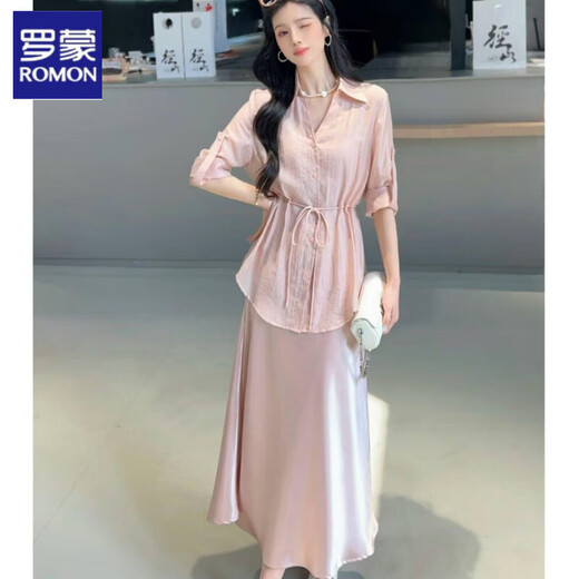 罗蒙绸缎连衣裙两件套女欧洲站2025春夏新款遮肚显瘦天丝收腰衬衫吊带 冰川蓝 套装 M 建议80-110斤
