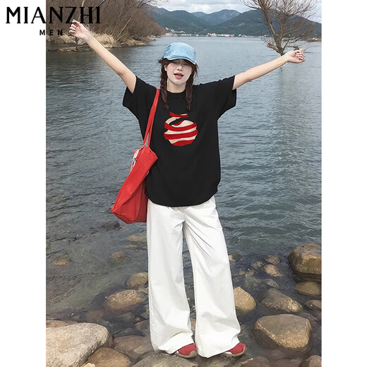 Cotton American pure cotton short-sleeved T-shirt for women in summer 2025 new loose and versatile apple printed round neck five-point sleeve top 29690 white [high quality 20.5] L 100-120Jin [Jin equals 0.5 kg]