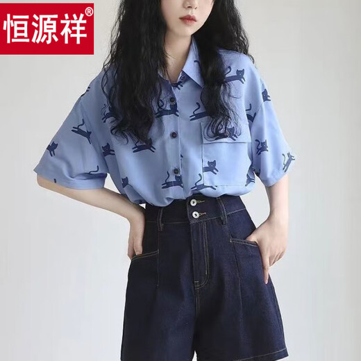 恒源祥蓝色猫咪印花衬衫女装夏季宽松遮肚小众别致小衫上衣港味穿搭衬衣 图片色 2XL