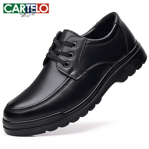 卡帝乐鳄鱼（CARTELO）皮鞋男士2025新款真皮商务休闲圆头头层牛皮爸爸防滑皮鞋 款6627 黑色 38