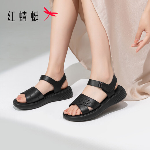 红蜻蜓妈妈凉鞋2025夏季老年牛皮舒适防滑软底女凉鞋WJK25885 黑色 36