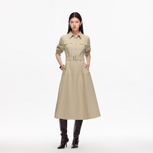 Veromoda Nouvelle robe 2025 Au automne nouveau bouton de revers fausse poche amovible ceinture A-Line Shirt Jirt Light Khaki S