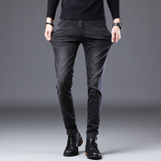 Jinba Herren-Kleidung (K-Boxing) Brand Herren Sommer Dünne Schwarze Jeans Männer schlanke Füße Koreanische Version High-End-Elastizität Casual High-End-Hosen 1048-Black 32