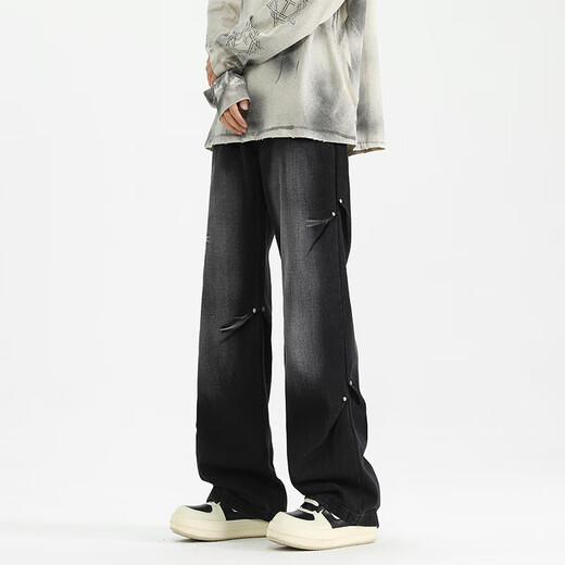 MONPOC American jeans men's spring, autumn and winter retro trendy loose straight casual pants MON02 black gray 2XL