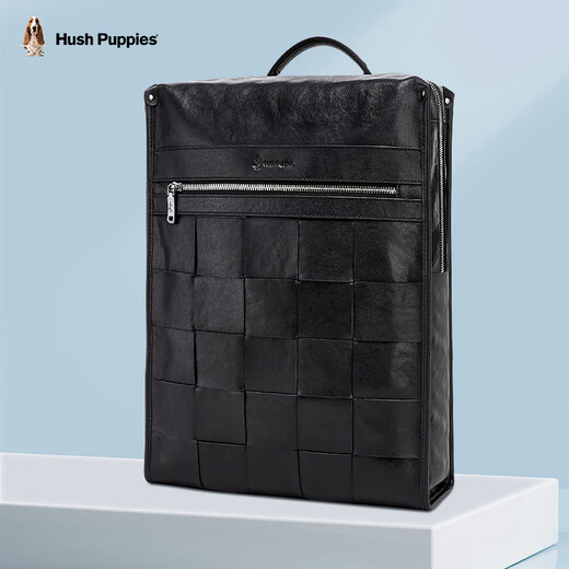 暇步士（Hush Puppies）男士双肩包格纹编织牛皮背包大容量电脑包生日礼物送男友