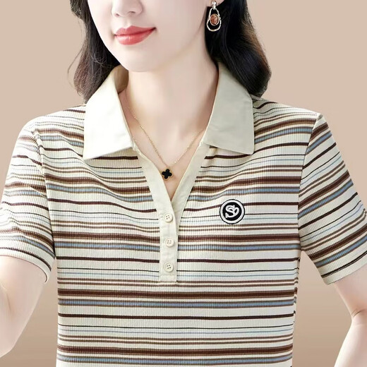 Pier Cardin 2025 Neues Eis Seidenfaden Polo Großgröße Sommer Mode kurzärmelige T-Shirt Ice Seiden Mutter Revers Streifen High-End Pure Cotton Ice Seide Trendy Sun Protection Polo Shirt-9926 Pulver M 85-100jin [Jin gleich 0,5 kg] Kurzarm T-Shirt für Frauen 2025 neue neue neue