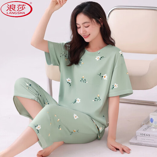 浪莎（LangSha）睡衣女夏季2025年新款短袖七分裤套装夏天女士中年妈妈宽松家居服 短袖七分裤-679 M 建议80-100斤