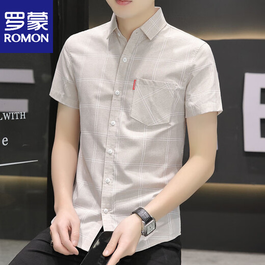 Romon 2025 Camisa de manga corta de verano Camisa de seda de hielo a cuadros a cuadros para hombres jóvenes de ropa formal