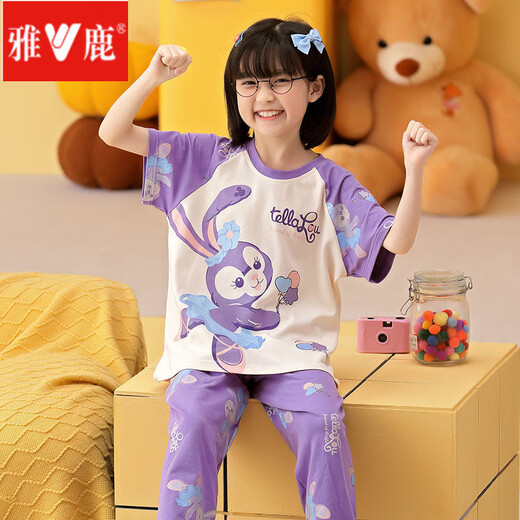 
Yalu children's pajamas girls summer cotton short-sleeved trousers thin spring and autumn girls cartoon medium-sized children's home clothes set Lively pig-1283 cotton girl 170 size 8 (height 95-105CM)