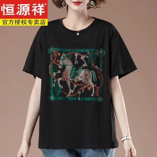 恒源祥胖mm短袖t恤女夏季大码宽松纯棉烫钻中年妈妈显瘦全棉薄款上衣女 黑色【9896款】 XL 115-130斤