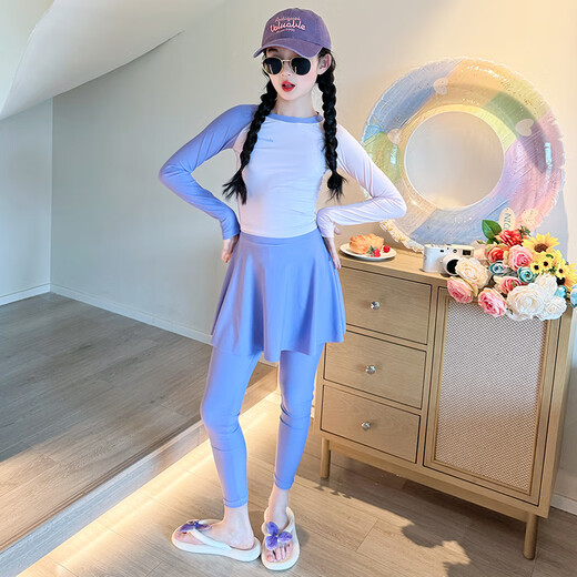 He Jiagong Girls' High-Looking Swimsuit 2025 New Children's Long-Sleeved Long Pants Swimwear Big Children's Girls Split Sun Protection Swimsuit Purple 120 cm
