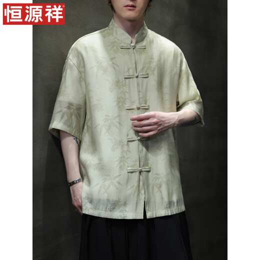 恒源祥夏季轻薄款短袖衬衫新中式古风盘扣唐装男装中国风竹叶上衣中山装 CS9898黑色 M