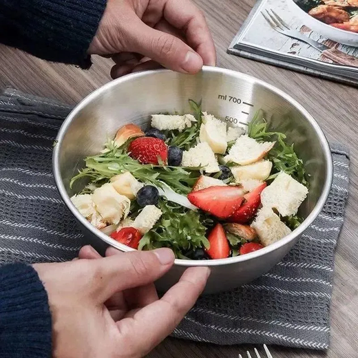 Gang Xingfa 316L stainless steel cooking basin bowl with scale for beating eggs and noodle salad cold fruit baking household bowl cold noodle bowl 16-19-22-25-28cm five-piece set stainless steel scale salad bowl
