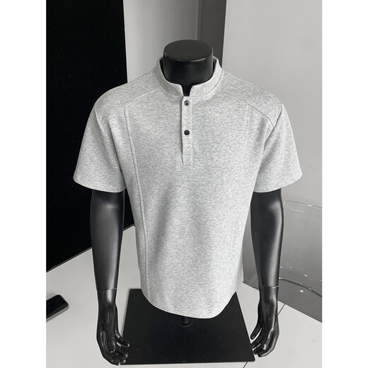 
Light gray deconstructed Henry neck polo shirt men's summer American trendy short-sleeved T-shirt for men's handsome versatile top light gray L