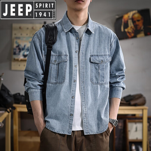 JEEP SPIRIT吉普美式复古明线原色牛仔衬衫男2025秋季新款多口袋宽松休闲衬衣 811深蓝色 L 合适体重120-140斤