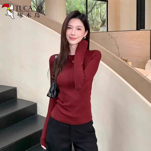 Woodpecker Right Shoulder Long Sleeve T-Shirt Women's New Autumn Advanced Slim Fit Bottoming Shirt Top Anchor Red 2XL