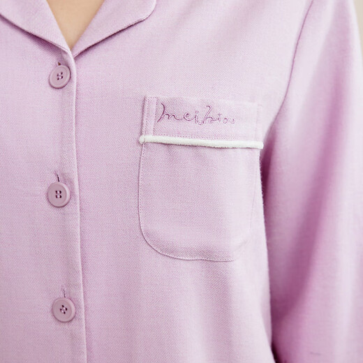 American Standard autumn and winter new woven cotton couple's long-sleeved pajamas women's lapel pure cotton men's home clothes Crystal Purple M