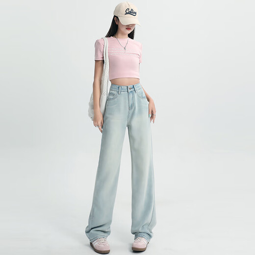 Jean-Vis Sommer Neuer Tennis Tennis drapiert schlanker gerader Hosen hohe Taille Weitbein-Jeans für Frauen nostalgisch hellblau (Hosen) l